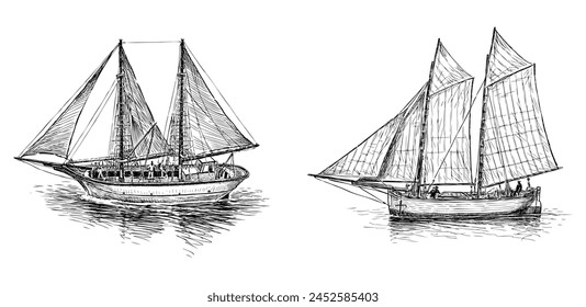 Sailing boat, fishing, sails, retro, sailor, floating,retro,realistic, marine, sketch,vector hand drawn illustration isolated  
