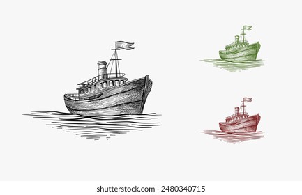 Barco de vela, pesca, velas, retro, marinero, flotante, retro, realista, marino, boceto, Vector dibujado a mano ilustración aislada