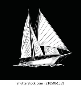 Sailing boat with a flag. Vector sketch stylized wave. Sea yacht floating on the water surface. Drawn with a ballpoint pen.