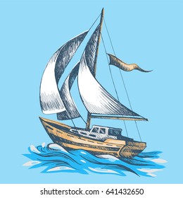 Sailing boat with a flag vector sketch stylized waves sea boat floats on water Hand-drawn color.