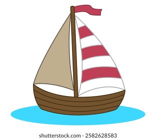 Sailing boat floating cartoon hand drawn flat design illustration
