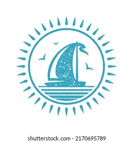 Sailing boat floating on sea with seagulls circle blue hand drawn logotype grunge texture vector illustration. Sail yacht flag symbol freedom extreme sport leisure activity in round emblem with rays