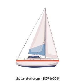 Sailing boat floating on water surface. Vector color illustration. Isolated. Cartoon style