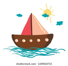 A sailing boat floating on the water under the bright beautiful sunny sky vector color drawing or illustration 