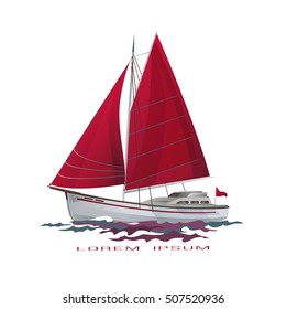 Sailing boat floating on water surface. Sea yacht with red sails and reflection isolated on white background. Vector color illustration.