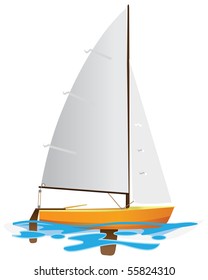 Sailing Boat Floating On Water Surface. Vector Color Illustration.