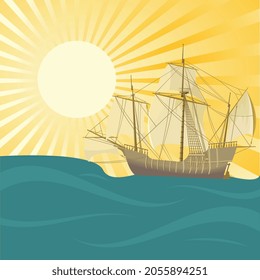 A sailing boat floating on the waves against the background of the sun and rays.