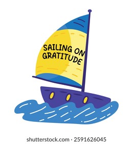 Sailing boat with gratitude typography, sticker in flat style