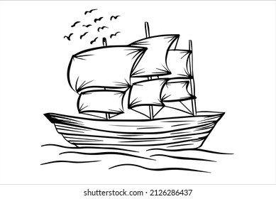 Sailing boat. Hand drawn sailing ship vector illustration 