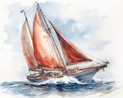 Sailing Boat, Hand Painted Watercolor Illustration
