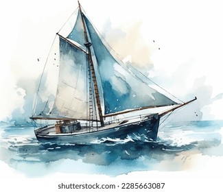 Sailing boat, hand painted watercolor illustration
