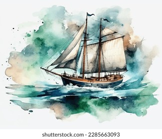 Sailing boat, hand painted watercolor illustration
