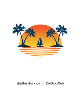 sailing boat in the horizon of sun and ocean between two coconut tree island summer theme vector logo design template