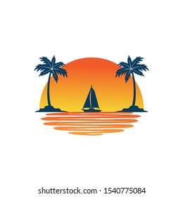 sailing boat in the horizon of sun and ocean between two coconut tree island summer theme vector logo design template