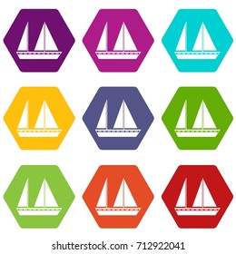 Sailing boat icon set many color hexahedron isolated on white vector illustration