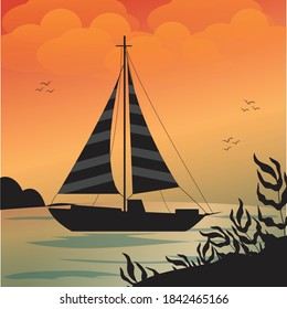 Sailing boat illustration. sunset or sunrise on the sea. boat at the ocean. vector illustration