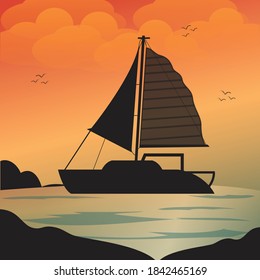 Sailing boat illustration. sunset or sunrise on the sea. boat at the ocean. vector illustration