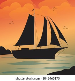 Sailing boat illustration. sunset or sunrise on the sea. boat at the ocean. vector illustration