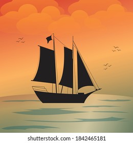 Sailing boat illustration. sunset or sunrise on the sea. boat at the ocean. vector illustration