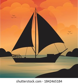 Sailing boat illustration. sunset or sunrise on the sea. boat at the ocean. vector illustration