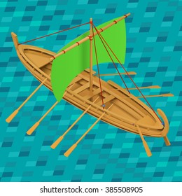 Sailing boat isometric vector illustration. Oar boat  icon. Oared ship isometric. Wooden sailboat marine water transport. Detailed barque realistic premium eps.