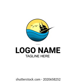 sailing boat landscape icon illustration in the middle of the sea, logo design vector