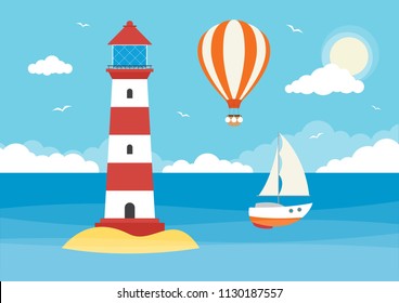 A sailing boat and lighthouse in an ocean on a sunny day with clouds and hot air balloon