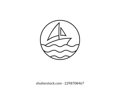 Sailing boat line art style logo in the sea with circle shape