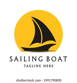 sailing boat logo design with yellow sunburst. sailing ship logo design. sail or ship vector icon illustration.