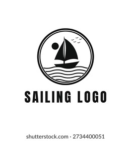 Segelboot-Logo-Symbol im runden Emblem-Stil, minimalistische maritime Vektorgrafik