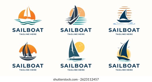 Conjunto de logotipo de velero. icono de Plantilla de Vector abstracto. Velero en las olas. Ilustración vectorial