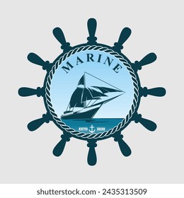 Sailing Boat Marine Ship Wheel Silhouette Badge Seal Vector