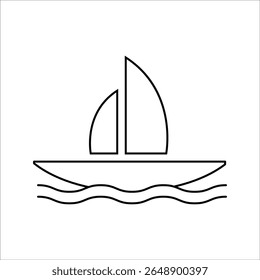Barco à vela mínima linha arte ícone vetor ilustração sobre fundo branco limpo com contorno mar onda simples e design de mastro.