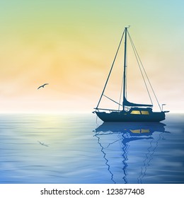 A Sailing Boat with Misty Sunset and Reflection on Water