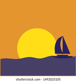 A Sailing Boat with Misty Sunset and Reflection on Water