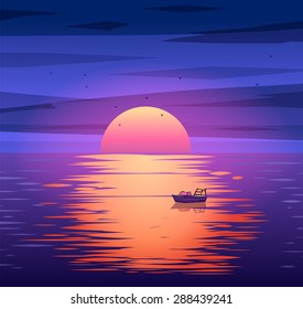 A Sailing Boat with Misty Sunset and Reflection on Water