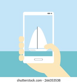 Sailing boat mobile photo with human hand, blue sea and sky. Flat vector illustration