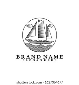 sailing boat mono line badge vector logo design