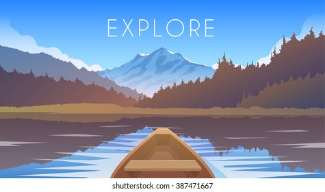 Sailing boat. Mountain landscape. Mountain lake. Outdoor recreation. Vector illustration.  Autumn.