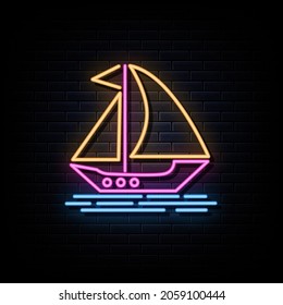 Sailing boat neon signs vector. Design template neon sign