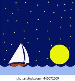 Sailing boat in the night, huge moon