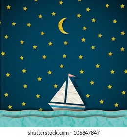 Sailing boat at night. Vector paper-art