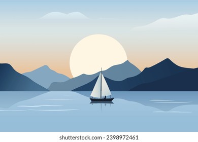 Segelboot im Ozean vor dem Hintergrund von schönen Bergen und Sonnenuntergang. Ein einfaches flaches Design einer Segelyacht mit wunderschöner Bergsilh