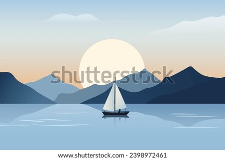 Sailing boat in the ocean against the backdrop of beautiful mountains and sunset. A simple flat design of a sailing yacht with beautiful mountain silh