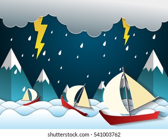 sailing boat and ocean with cloud and raining.paper art style