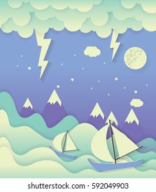 sailing boat and ocean with cloud and raining.paper art style