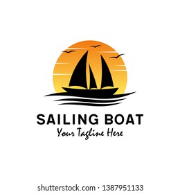 Sailing boat with ocean wave logo design