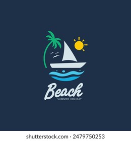 Sailing boat on beach with coconut tree and sun summer theme vector logo, t shirt design concept.