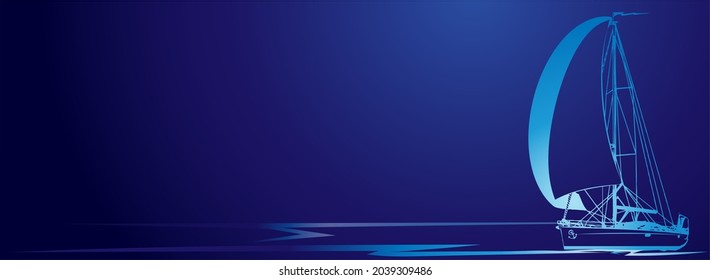 Sailing boat on a blue, purple background. Vector image of a yacht. Heather.
