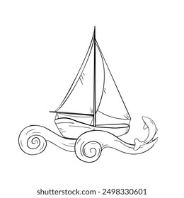 Sailing boat on curly wave black and white vector illustration isolated. Fishing boat and fishes hand drawn ink silhouette. Yacht contour. Sea transport coloring. Simple cartoon drawing boat outline.